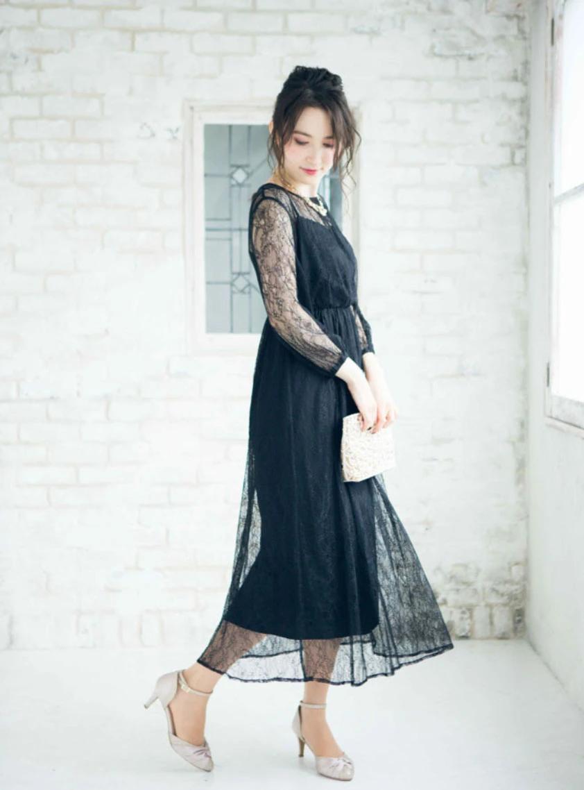 七分袖総シアーレースロングワンピース｜結婚式パーティのレンタル