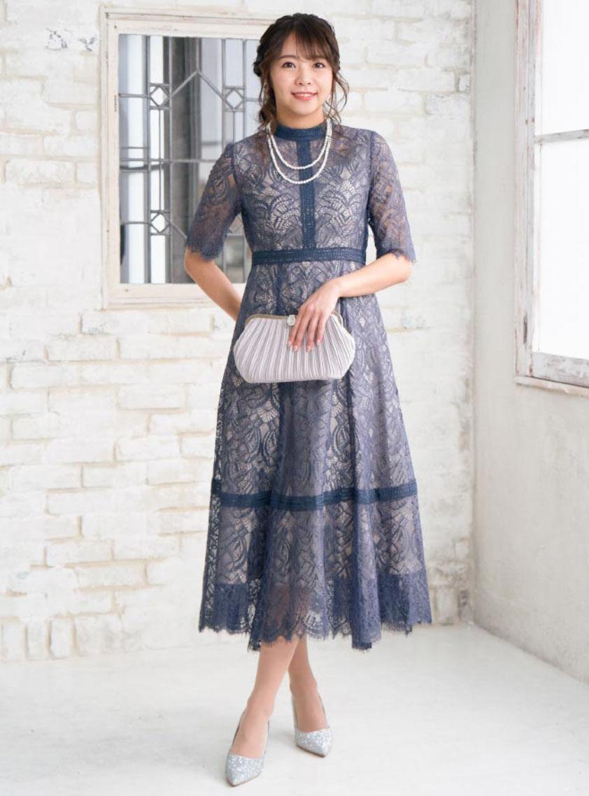 袖あり配色レースハシゴ切り替えワンピース の画像1