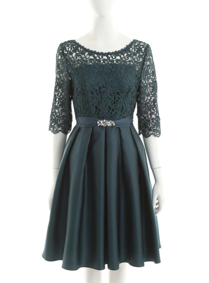 ウエストベルト付6分袖レーストップ切替フレアーワンピース の画像1