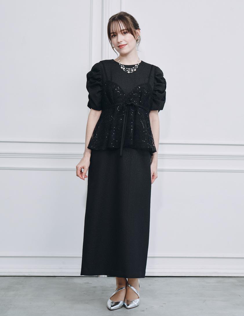 【kaene】スパンコールレースビスチェギャザースリーブワンピース の画像1