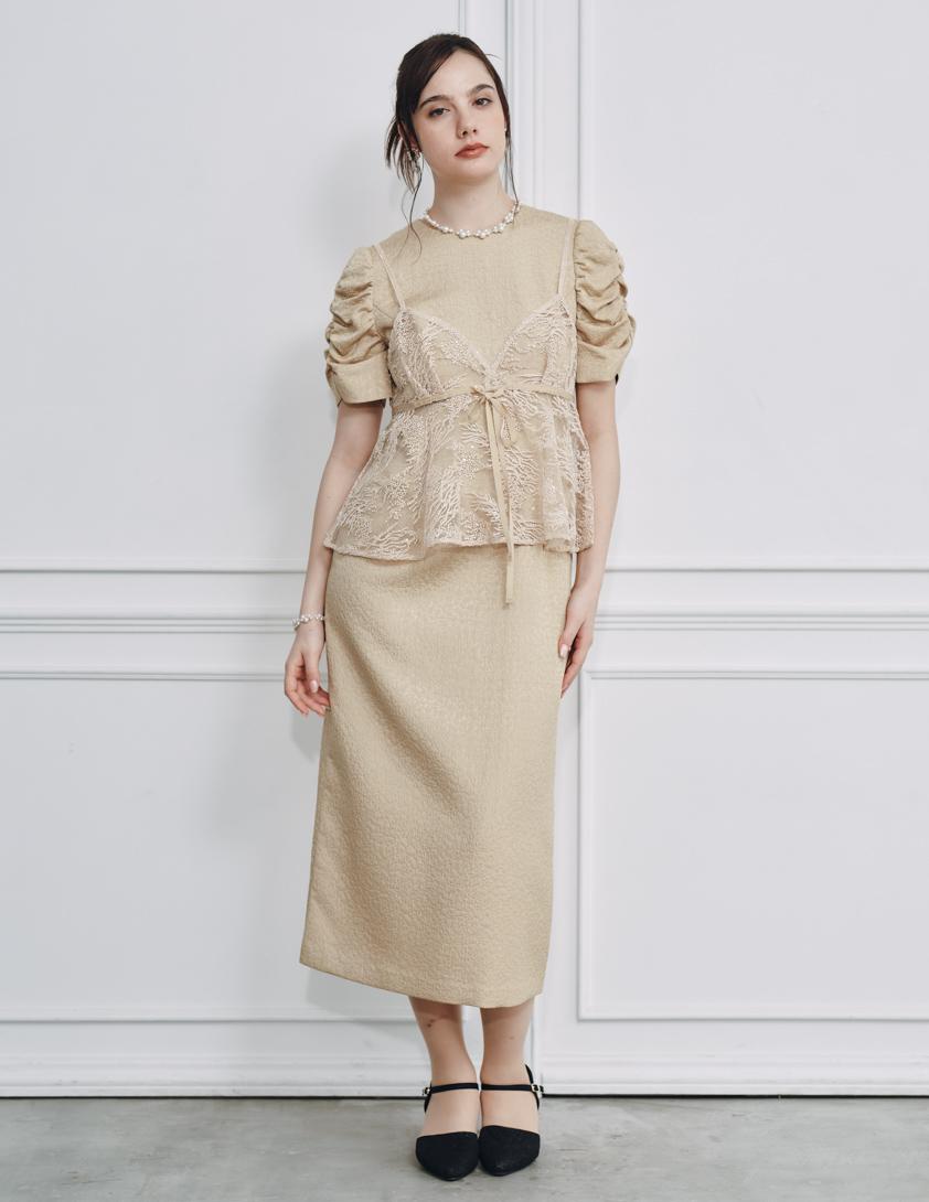 【kaene】スパンコールレースビスチェギャザースリーブワンピース の画像1