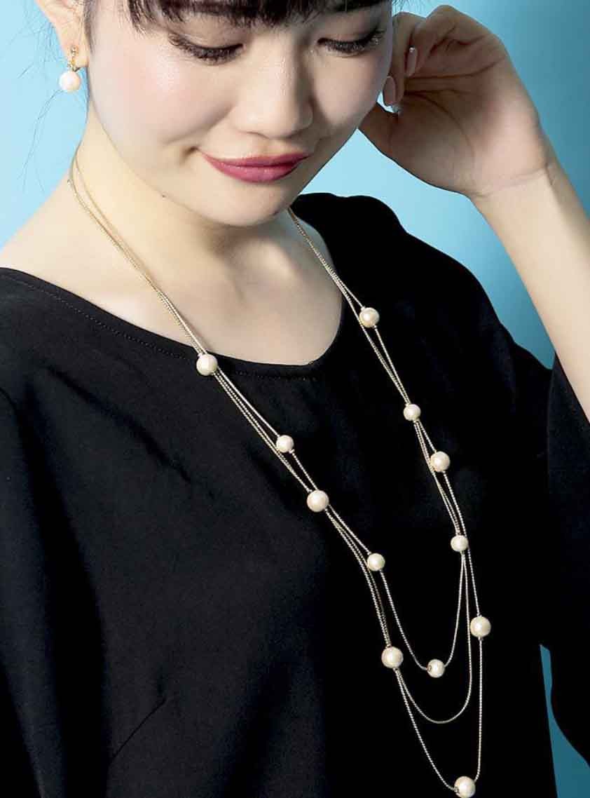三連コットンパールシルバー台ロングネックレス90cm/（8～9mm）＆コットンパールシルバー台イヤリング（１０mm）/コットンパールフックタイプピアス（8cm）セット の画像4