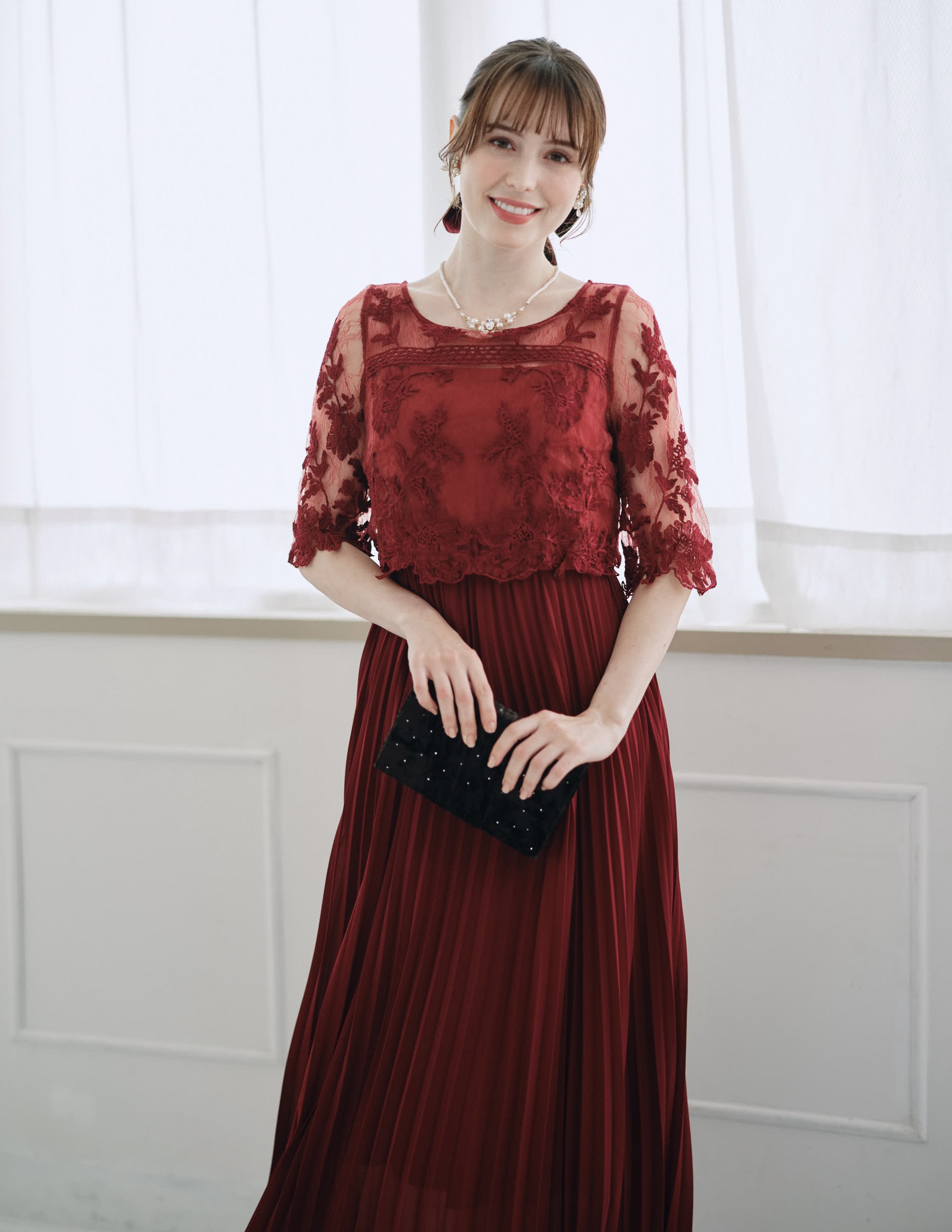 袖あり花柄刺繍シアーレース切替えシフォンプリーツワンピース の画像5