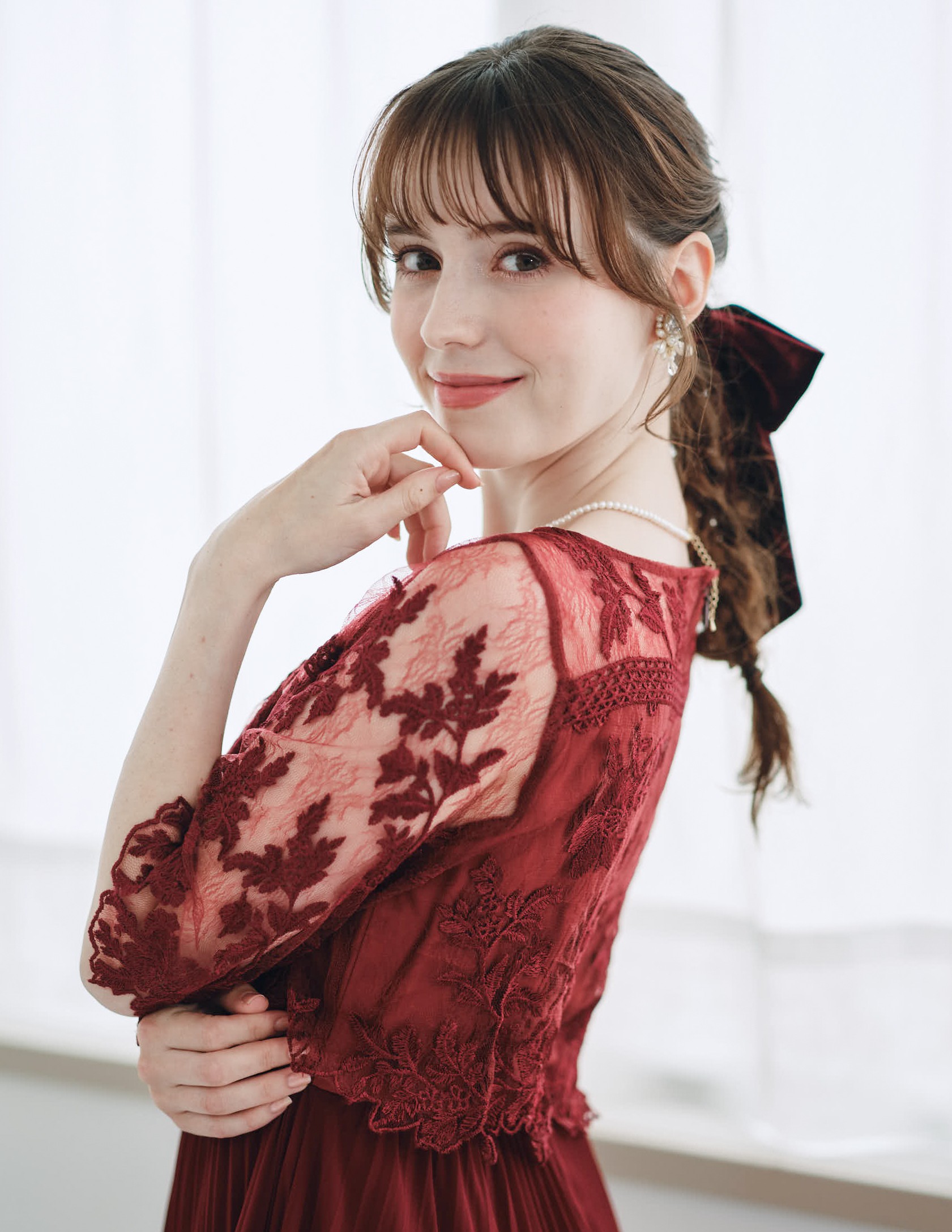 袖あり花柄刺繍シアーレース切替えシフォンプリーツワンピース の画像6