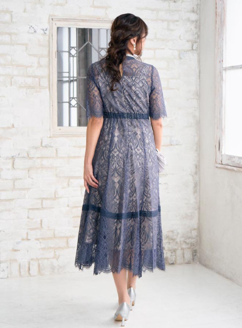 袖あり配色レースハシゴ切り替えワンピース の画像2