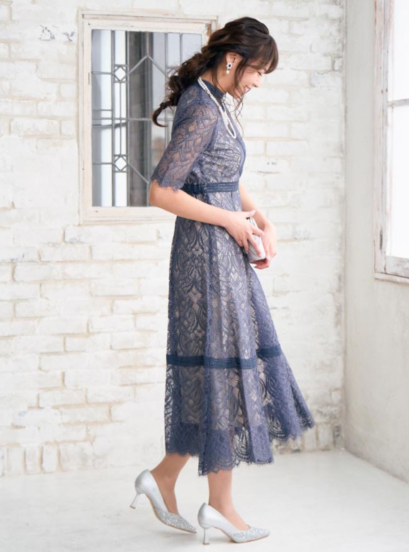 袖あり配色レースハシゴ切り替えワンピース の画像5