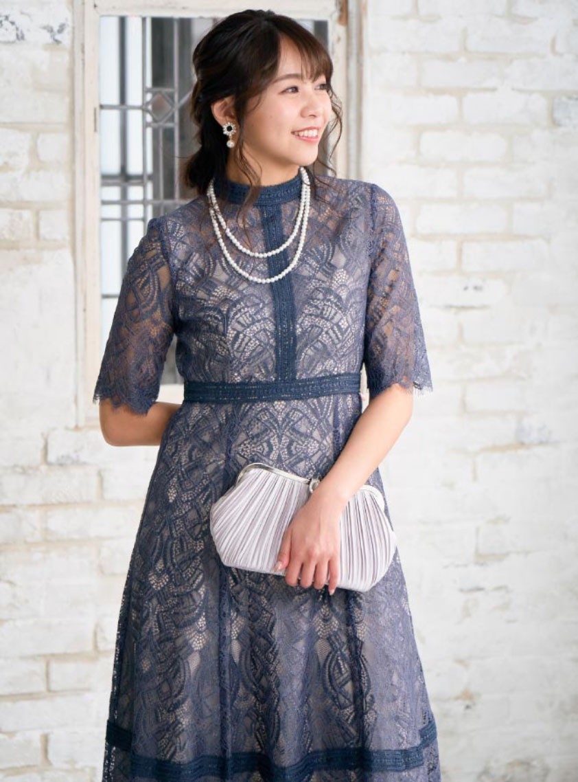 袖あり配色レースハシゴ切り替えワンピース の画像6