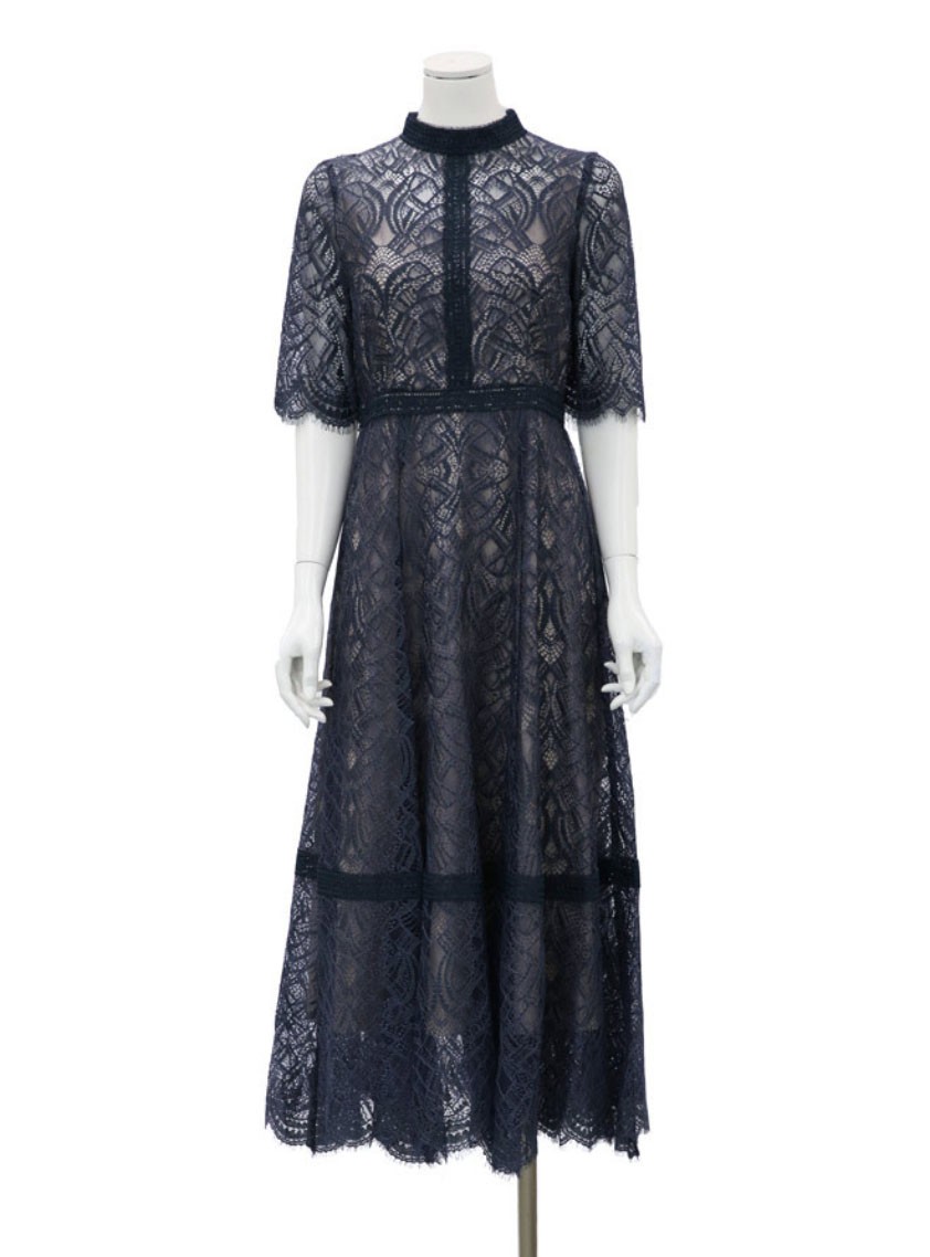 袖あり配色レースハシゴ切り替えワンピース の画像7