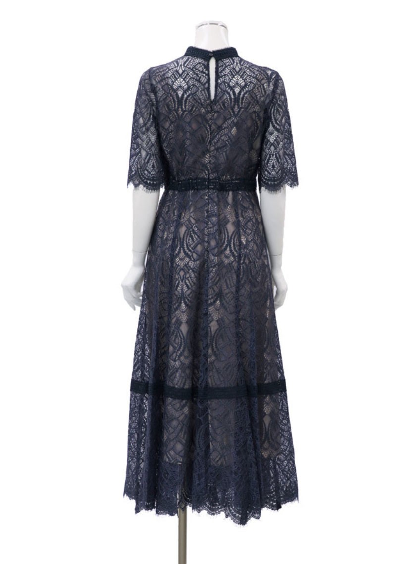 袖あり配色レースハシゴ切り替えワンピース の画像9