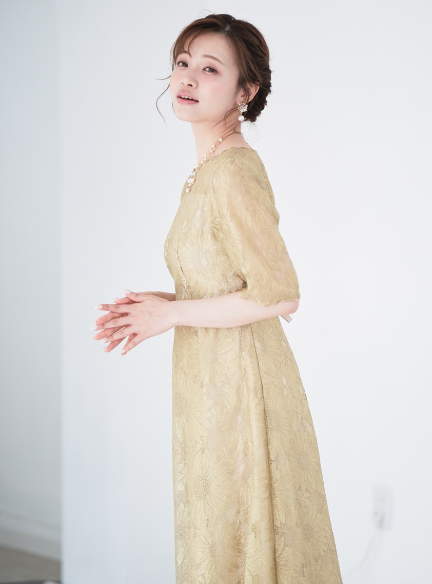 ゴールド刺繍レースヴィンテージワンピース｜結婚式パーティの 