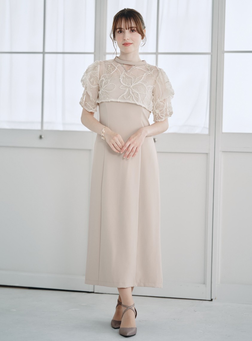 【AIMER】フラワーモール刺繍キーネックブラウス×Iラインキャミソールワンピース の画像1