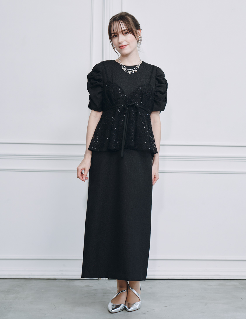 【kaene】スパンコールレースビスチェギャザースリーブワンピース の画像1