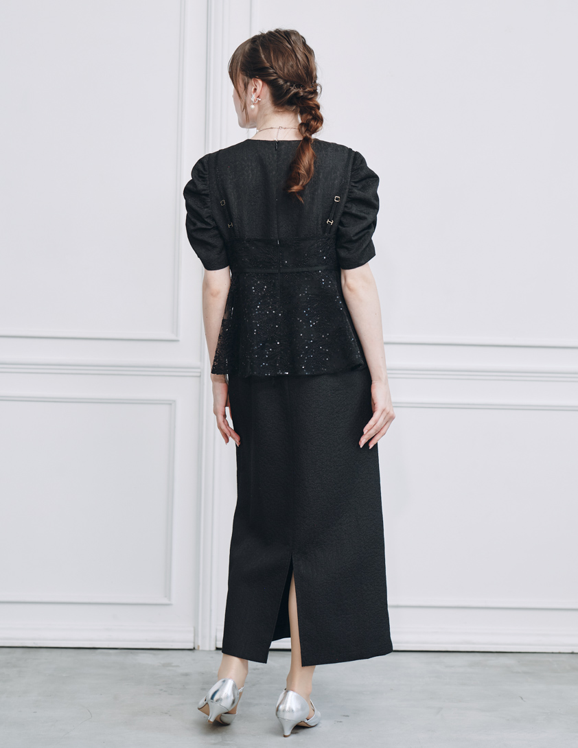 【kaene】スパンコールレースビスチェギャザースリーブワンピース の画像3