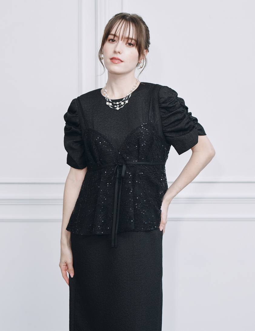 【kaene】スパンコールレースビスチェギャザースリーブワンピース の画像4