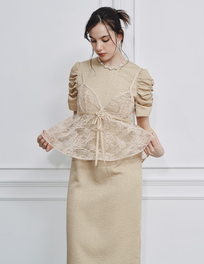 【kaene】スパンコールレースビスチェギャザースリーブワンピース の画像4