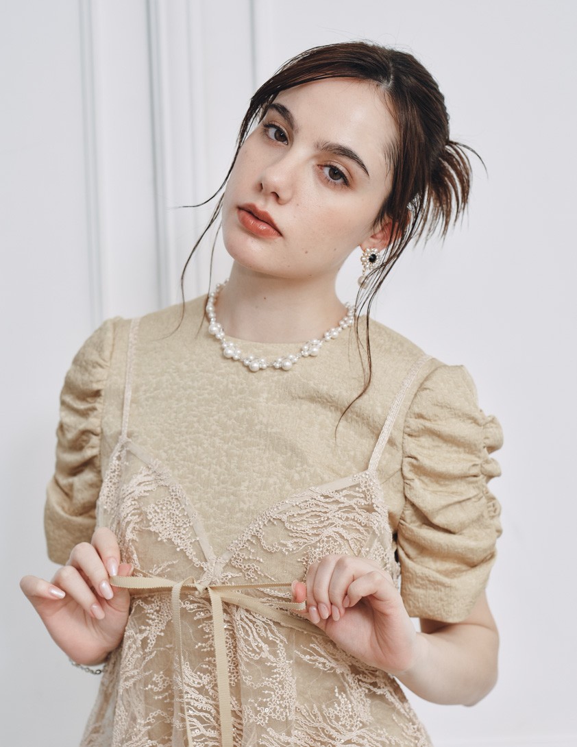 【kaene】スパンコールレースビスチェギャザースリーブワンピース の画像6