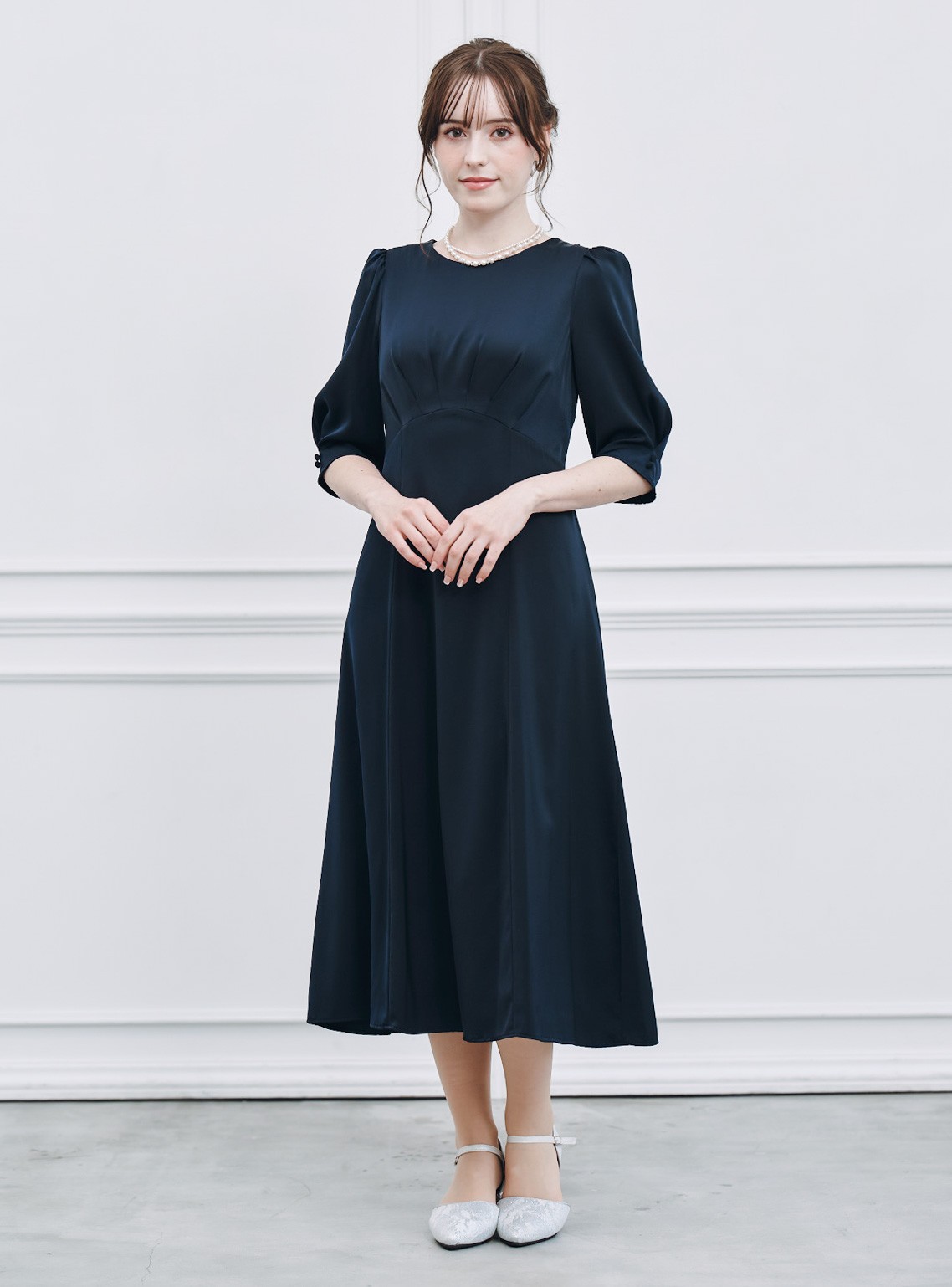 シンプルサテンシフォンジーワンピース の画像1