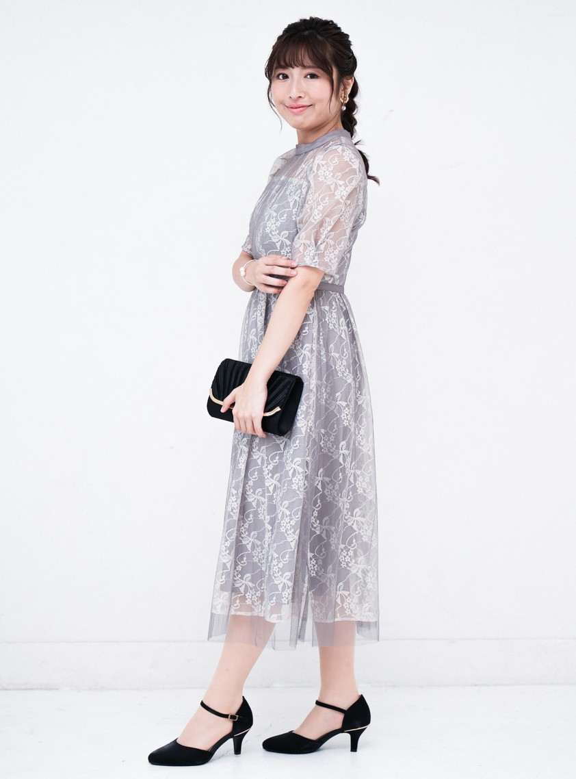 リボン刺繍ウエスト切り替えワンピース｜結婚式パーティの  