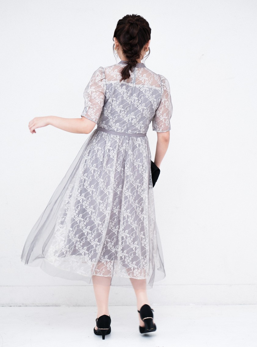 リボン刺繍ウエスト切り替えワンピース｜結婚式パーティの  