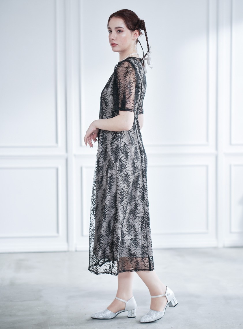 スパンコール入りリーフ柄刺繍レースワンピース の画像2