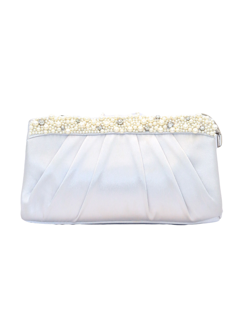 両サイドポケット付パールビジュタック入りサテンバッグ の画像1